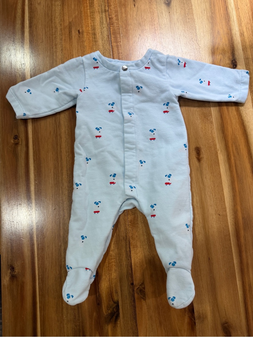 Jacadi Light Blue Footed One-Piece with Red & Blue Puppy Prints